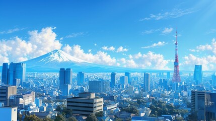Naklejka premium 都市と富士山の風景18