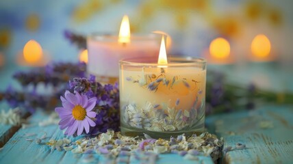 Herbal scented candles with dried chamomile and lavender, natural herbs spa, relaxing ambiance