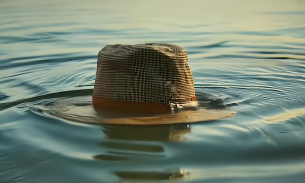 Cinematic Close up isolated straw hat floating on water