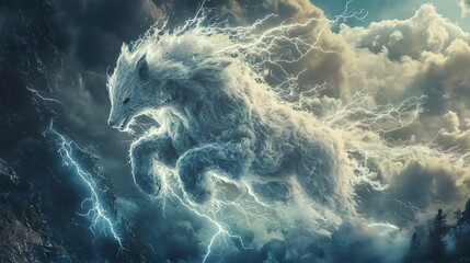 A majestic white wolf made of lightning and clouds, leaping through the stormy sky.