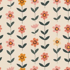 Seamless pattern of colorful flowers in a retro style on a light background