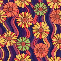Seamless pattern of colorful flowers on a wavy background in retro style