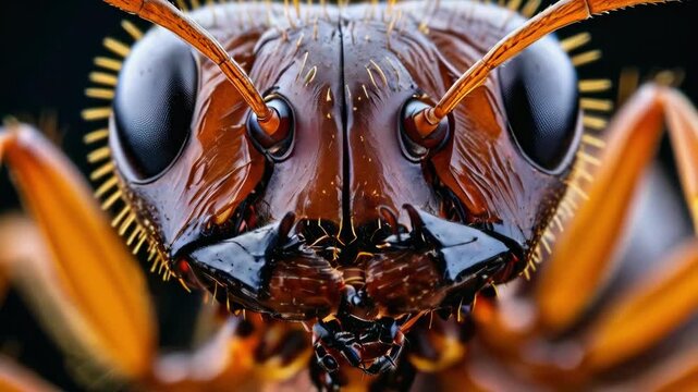 Close-up macro shot of ant head with large black eyes sharp mandibles and hairy texture