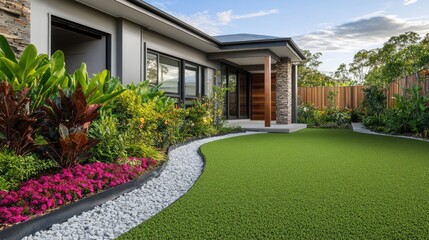 Australian-style front yard featuring artificial grass lawn turf with timber edging and a large flower garden.