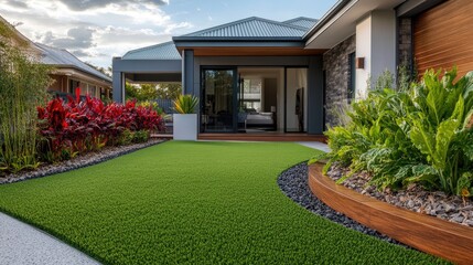 Australian-style front yard featuring artificial grass lawn turf with timber edging and a large flower garden.
