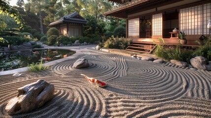 A tranquil zen garden with raked gravel, carefully placed stones, a small pond with koi fish, and a traditional Japanese tea house.