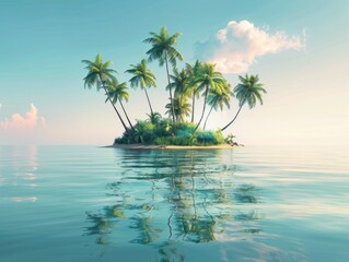 3D summer background with a tropical island and palm trees swaying