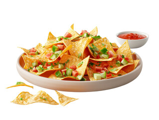 Delicious nachos topped with fresh vegetables and served with a side of salsa, perfect for a snack or party dish.