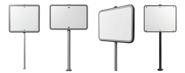 Set of 4 blank road signs, isolated on white background