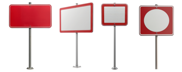 Set of 4 red and red border blank road signs, isolated on white background