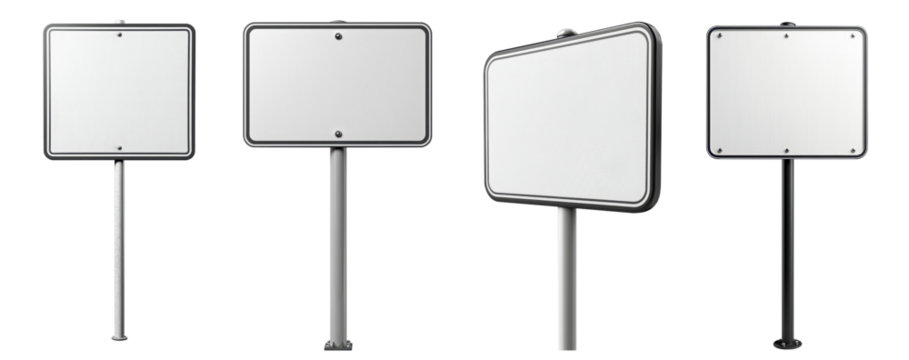 Set of 4 blank road signs, isolated on white background