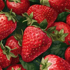 Seamless pattern of ripe red strawberries with green leaves