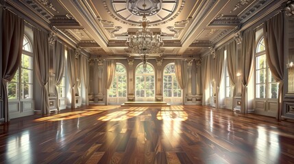 Obraz premium An elegant ballroom with a grand chandelier, polished wooden floors, tall windows with draped curtains, and a stage for performances.
