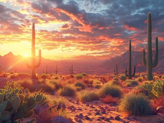 3D desert scene at sunrise with cacti and vibrant sky