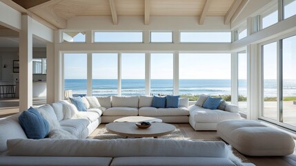Beach house living room with coastal decor, featuring a comfy sofa and stunning ocean views through large windows
