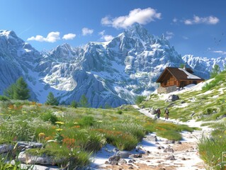 3D mountain resort scene with hikers and clear blue skies