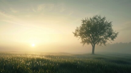 Solitary Tree in a Misty Meadow at Sunrise