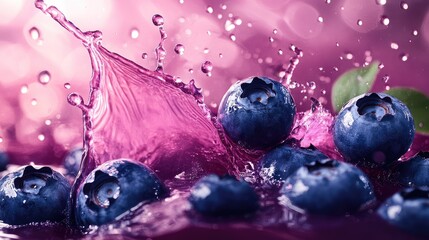 Close-up of a blueberry juice splash, with blueberries in motion, creating an energetic and colorful scene