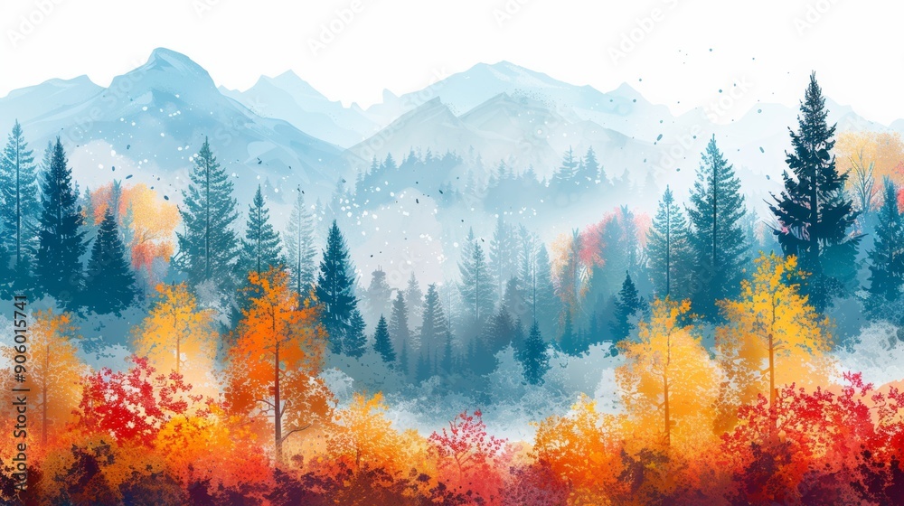 Sticker autumn background with forest views changing colors