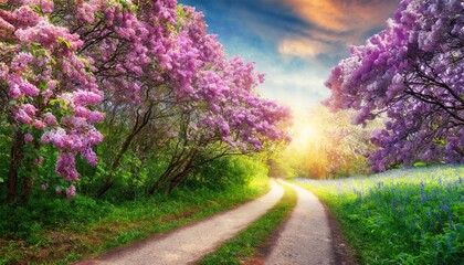 Beautiful spring landscape.Lilac trees in blossom Magic forest with road. Fantasy background