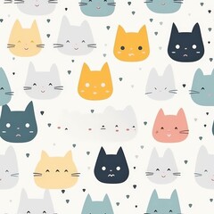 Seamless pattern with cute cat faces in various colors and emotions on a white background