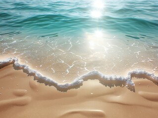 Vibrant 3D summer beach scene with realistic sand and shimmering ocean