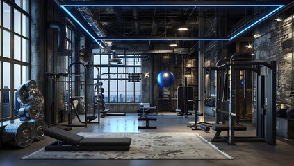 Modern Home Gym Boasts City Views with Sleek Black Equipment and Industrial Design