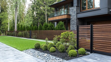 Obraz premium Contemporary wooden fence design for a country house, showcasing a balance of elegance and functionality