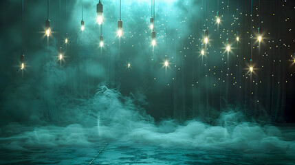 Obraz premium Surreal moody and atmospheric stage scene featuring hanging Edison bulbs casting a soft glowing light over a fog covered floor with tiny sparkling lights scattered throughout