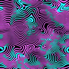 Seamless trippy psychedelic wavy lines pattern in neon blue and pink colors