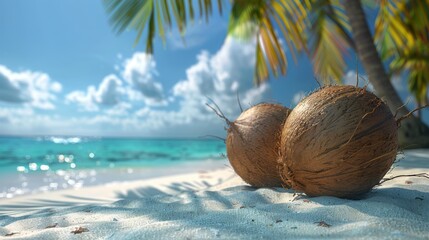 Refreshing 3D coconut stand on a tropical beach with clear blue skies
