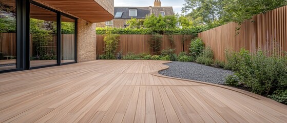 Exterior view of a back garden patio area featuring wood decking, ideal for outdoor living spaces.