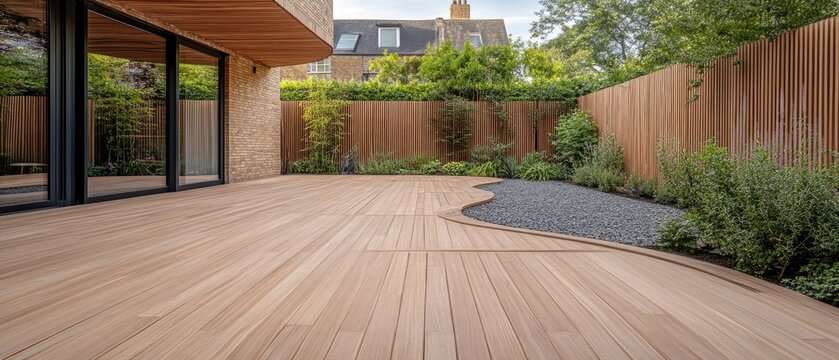 Fototapeta Exterior view of a back garden patio area featuring wood decking, ideal for outdoor living spaces.