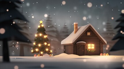 Naklejka premium Cozy Christmas Cottage: A charming, snow-covered cabin nestled in a winter wonderland, with a twinkling Christmas tree and warm, inviting glow from within.