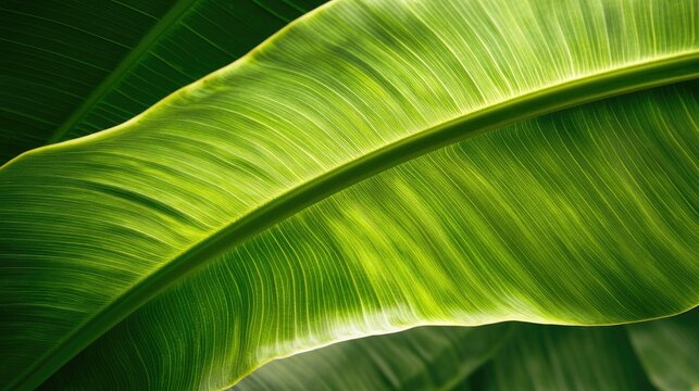 Macro shot of a banana leaf, focusing on the detailed texture and lush green hue
