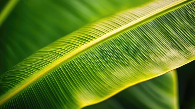Macro shot of a banana leaf, focusing on the detailed texture and lush green hue