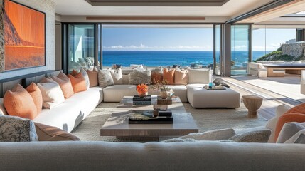 Modern beach house living room, adorned with coastal accents, a plush sofa, and expansive ocean views