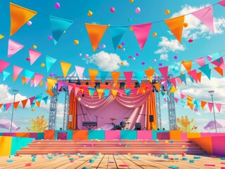 Colorful 3D summer festival with flags and outdoor music stage