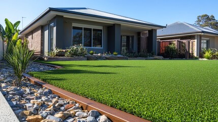Obraz premium Modern Australian front yard with artificial grass lawn and timber edging, featuring a lush flower garden.