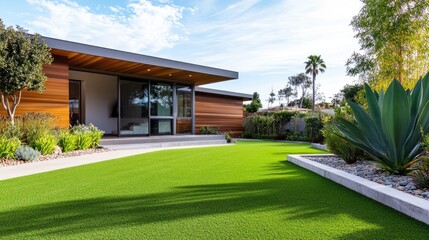 Modern Australian front yard with artificial grass lawn and timber edging, featuring a lush flower garden.