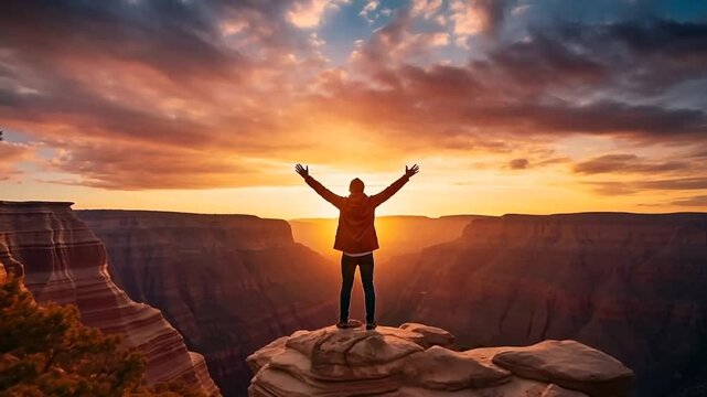 Man standing on a cliff spreading arms
