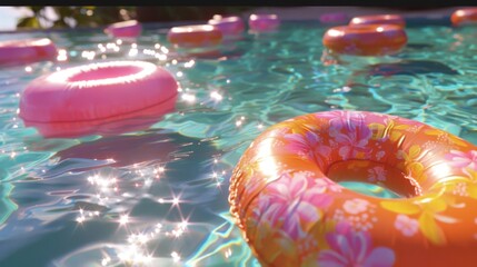 3D pool party scene with inflatable floats and clear sparkling water