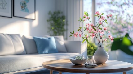 Stylish living room interior featuring a sofa, coffee table, and fresh blooming branches, creating a serene ambiance