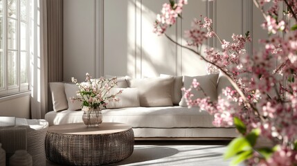 Stylish living room interior featuring a sofa, coffee table, and fresh blooming branches, creating a serene ambiance