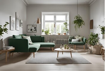 Fototapeta premium modern interior with living room, sofa and green carpet