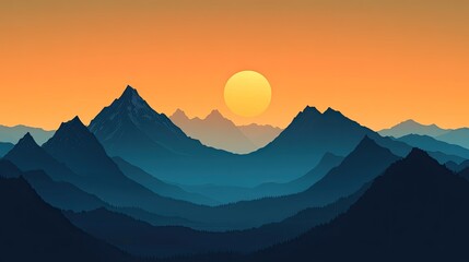 Fototapeta premium Sun setting behind mountains, with the peaks in silhouette, creating a striking and calming scene