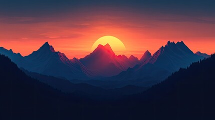 Obraz premium Sunset behind a silhouetted mountain range, highlighting the beauty and tranquility of nature