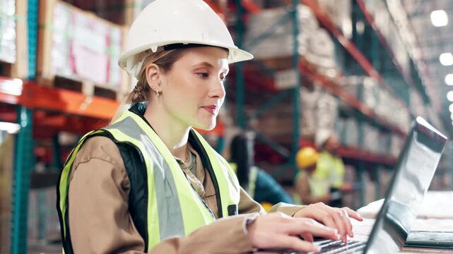 Woman, laptop and typing in logistics warehouse for inventory management, tracking and reporting shipment status. Female employee, factory and online for supplier communication and order processing.