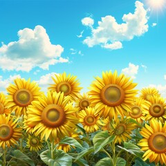 Bright 3D background with sunflowers and a clear blue sky