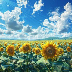 Bright 3D background with sunflowers and a clear blue sky